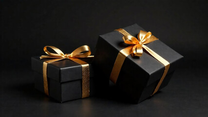 Two black gift boxes with golden ribbons on a black background.
