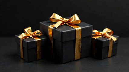 Obraz premium Three black gift boxes with golden bows on black background, closeup