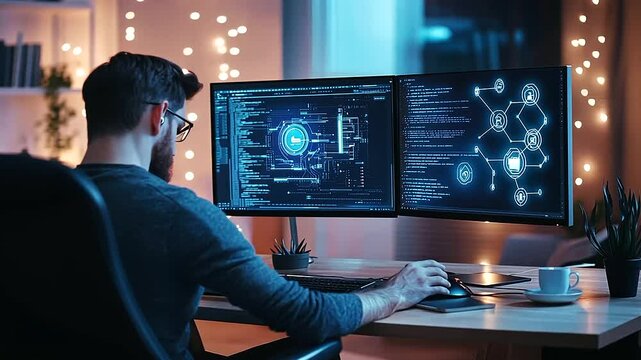 A cozy home office where a professional uses AI to streamline their workflow, with glowing symbols of connectivity and data enhancement