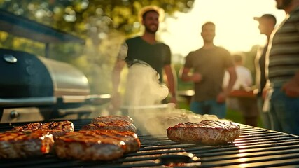 A backyard barbecue setup featuring a grill full of tender meat and charred veggies, with happy friends blurred in the background