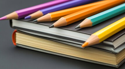Obraz premium Colorful pencils arranged on top of books.