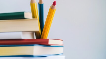 Colorful pencils on stacked books for creativity.