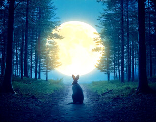 AI generated image of a forest rabbit enjoying the view of a bright full moon.