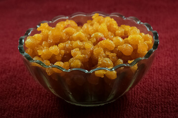 Sweet boondi - an authentic Indian bengali sweet dish or dessert recipe. Gram floor granules deep...