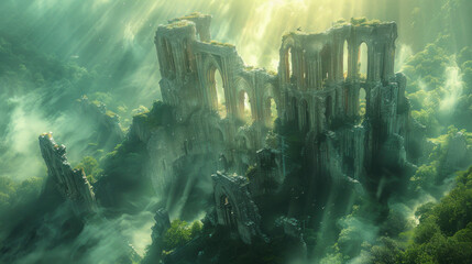 ruins of an ancient gothic cathedral, shrouded in fog in a mystical green forest under rays of diffused light.