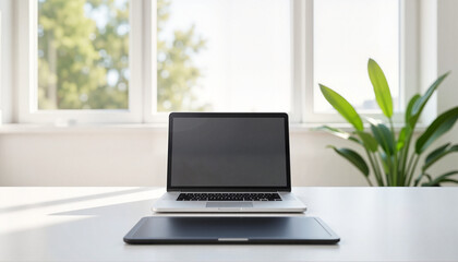 Minimalist virtual workspace with laptop and tablet, creative productivity