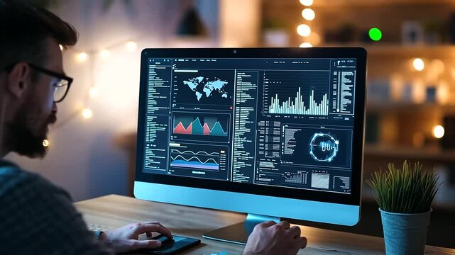A home office environment with a man completing an online certification course, with AI-generated charts and infographics enhancing his study materials