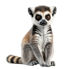 Baby lemur is sitting on its hind legs and looking at the camera.