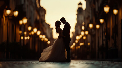 A couple shares an intimate moment dancing in a picturesque cobblestone street illuminated by glowing streetlights under the warm hues of a sunset, creating a timeless Valentine's Day ambiance.