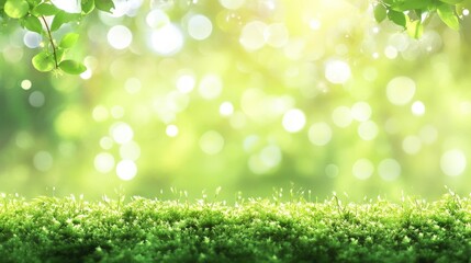 Fototapeta premium A serene green landscape with soft bokeh lights, creating a tranquil atmosphere.