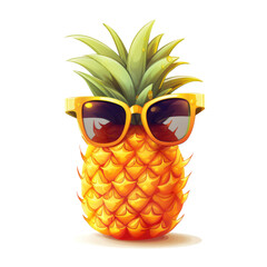 A cheerful cartoon pineapple with vibrant yellow-orange textured skin and spiky green leaves, adorned with red sunglasses, exuding a playful and tropical vibe. Isolated on white background