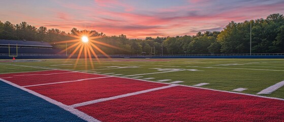 Obraz premium A football field with a red and white striped line on the ground