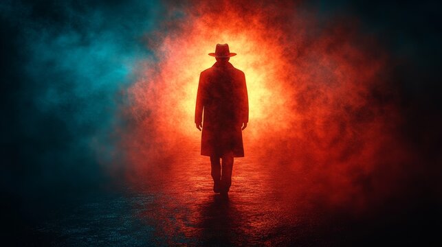 A man in a hat is walking through a foggy, red and blue background