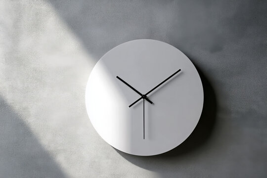 frameless, minimalistic wall clock on a grey concrete wall 
