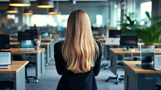 A woman standing near an open-plan workspace, facing rows of desks with office supplies neatly arranged, symbolizing the beginning of a promising career