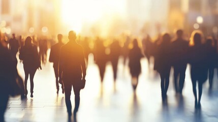Crowd of people walking in urban setting.