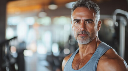 Obraz premium A middle-aged man with salt-and-pepper hair, dressed in workout gear, standing confidently in a gym setting, with fitness equipment visible in the background