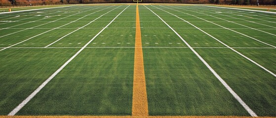 A football field with a yellow line down the middle