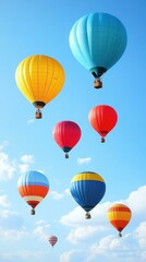 Fototapeta premium Bright colorful hot air balloons floating in clear blue sky, perfect for travel, adventure, celebration, festival, outdoor event, summer vacation, freedom, scenic background, uplifting mood blue yell