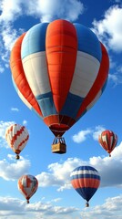 Naklejka premium Colorful hot air balloons floating in blue sky with white clouds during daytime festival celebration outdoor scenic background for travel adventure vacation fun experience