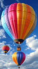 Fototapeta premium Colorful hot air balloons floating in blue sky with clouds, adventure travel scene perfect for tourism, freedom, vacation, or outdoor activity themes with bright cheerful atmosphere