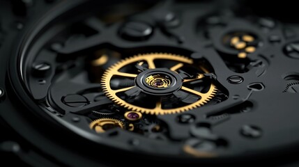 Intricate Watch Mechanism: A Close-Up of Golden Gears and Black Components