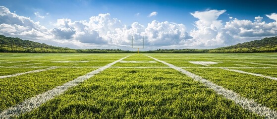 A field with a white line down the middle and a blue sky in the background