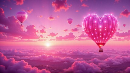 Obraz premium Bright heart-shaped hot air balloon soaring above clouds at sunset with colorful sky