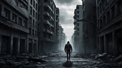 A lone stalker caused chaos in a deserted city. Concept Thriller, Suspense, Survival, Chase, Deserted City