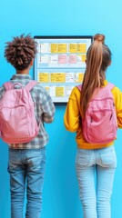 Teenage boy and girl with pink backpacks studying timetable, back to school concept for education, schedule planning, classroom background, bright colors, learning environment, youth students plannin