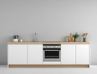 Simple kitchen with white cabinets and streamlined appliances, minimalistic furniture, harmonious design 
