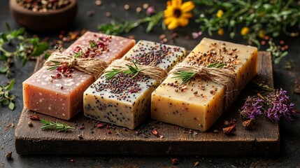 Handmade herbal soaps arranged with flowers on a wooden board