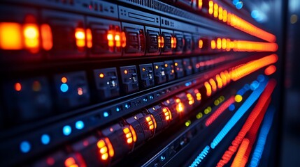 Fototapeta premium Illuminated Server Rack Displays Network Activity