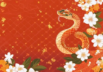A red background with a snake and flowers
