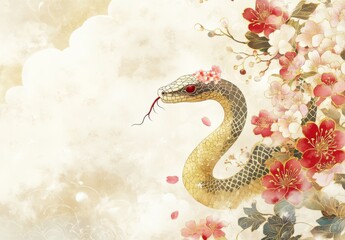 Obraz premium A snake with red flowers on its head is on a white background