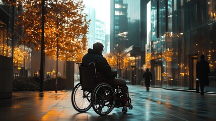 A wheelchair user navigating an accessible urban environment. 