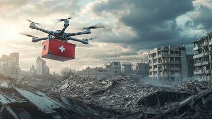 A drone carrying a red medical box, flying over a disaster area with collapsed buildings and rubble, cloudy skies in the background