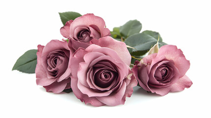 Close-up of blooming pink roses flowers and petals isolated on white table background