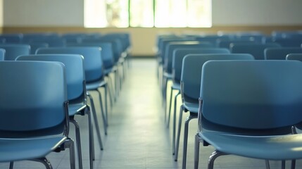 Empty blue chairs in a modern classroom setup