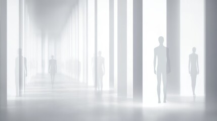 Fototapeta premium Ethereal figures in a misty corridor.