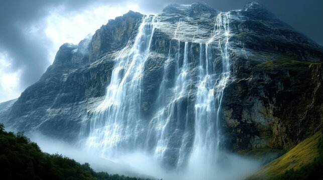 Squarespace designer Water positive nature-based Hydration drops Thumbnail Metadata remover clipdrop Dezgo Internxt Artlist Majestic rocky mountain with multiple cascading waterfalls flowing down lus