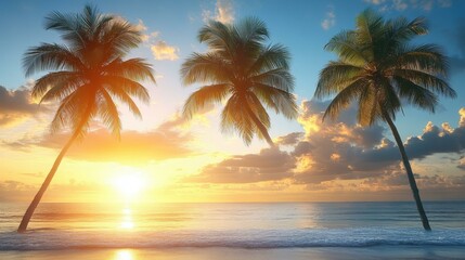 Sunset with three tall palm trees silhouetted on tropical beach, serene ocean waves, perfect for vacation, travel, summer holidays, warm golden sky, relaxing nature background, peaceful evening scene