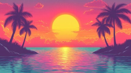 Tropical palm trees silhouettes with vibrant orange sun setting over calm ocean water perfect for summer vacation, beach holiday, relaxation, sunset background with pink and purple sky colors