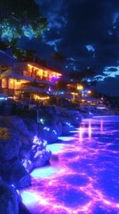 Coastal Mediterranean village glowing with warm lights at twilight, vibrant neon pink reflections on calm water, ideal for travel, vacation, nightlife themes, dramatic evening sky with clouds, serene