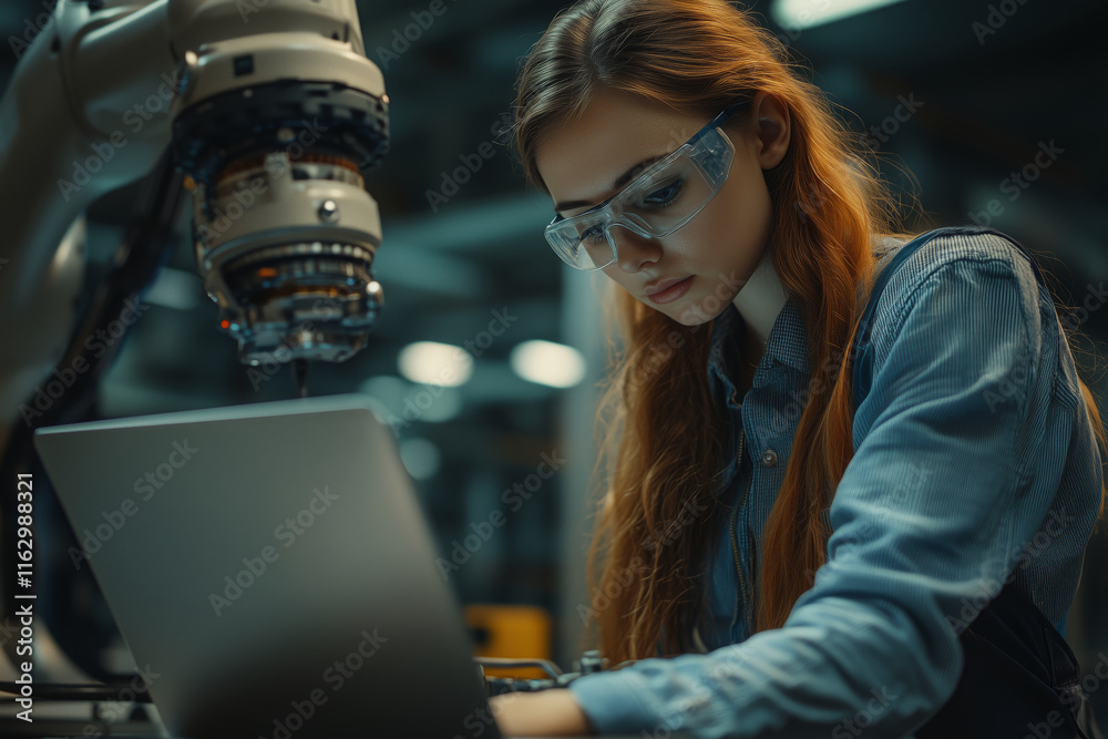 Poster businesswoman engages with robotic arm while utilizing modern technology