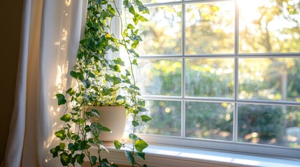 Fototapeta premium Sunlight Illuminates a Lush Hanging Plant by a Window