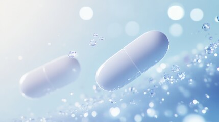 Floating capsules in a soft blue environment.