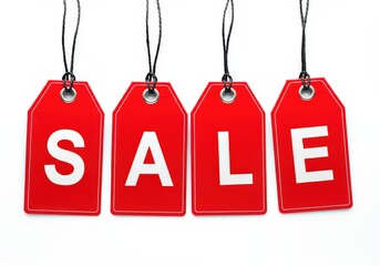 Red sale tags hanging, promoting discounts and special offers