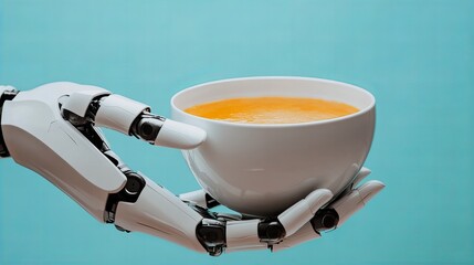 robotic hand holding a bowl of soup, concept of AI automation technology and humanoids