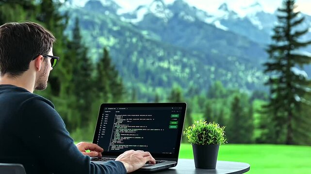 A serene outdoor setting with an entrepreneur working on a laptop, the AI chatbot interface displaying suggestions for improved productivity
